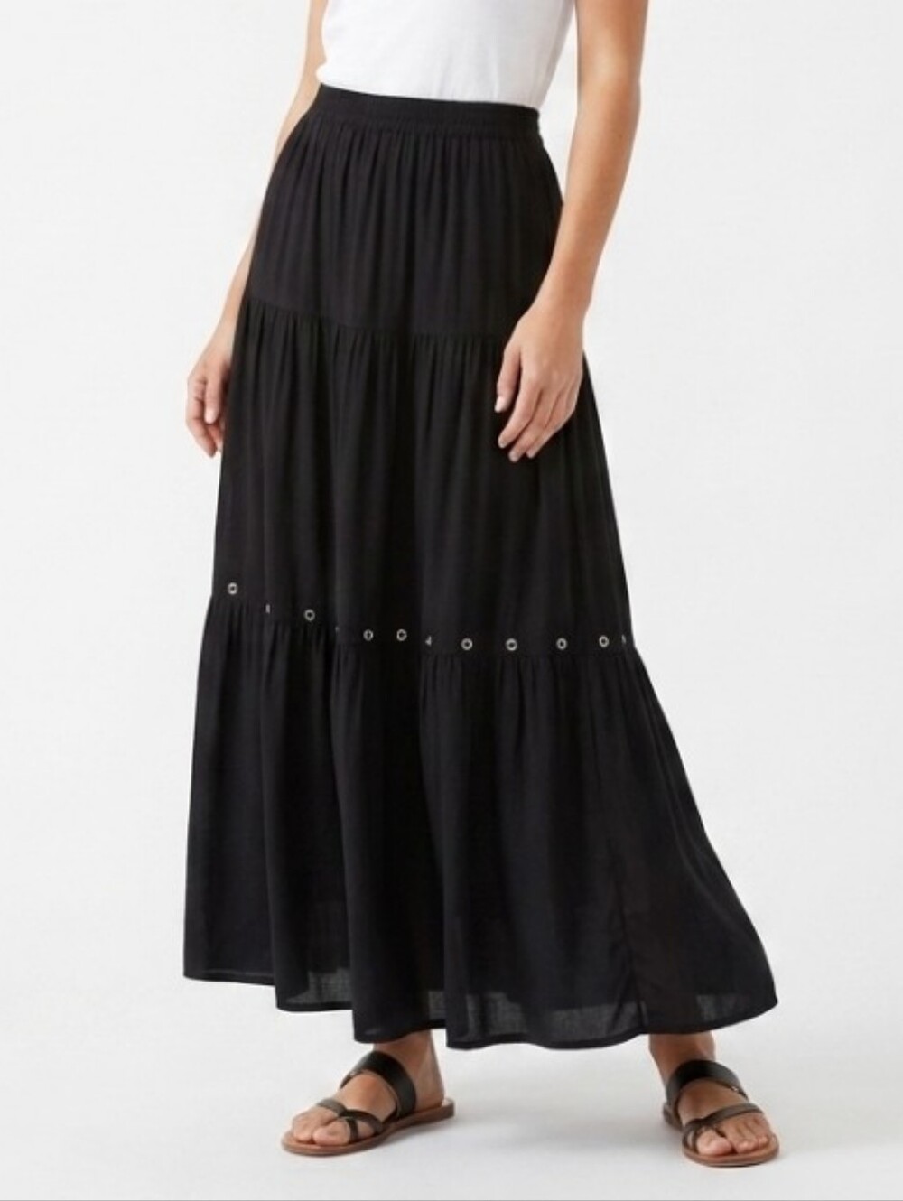 VTG Side Saddle Black Western Tiered Boho Maxi Shirt L Rivet Embellishments